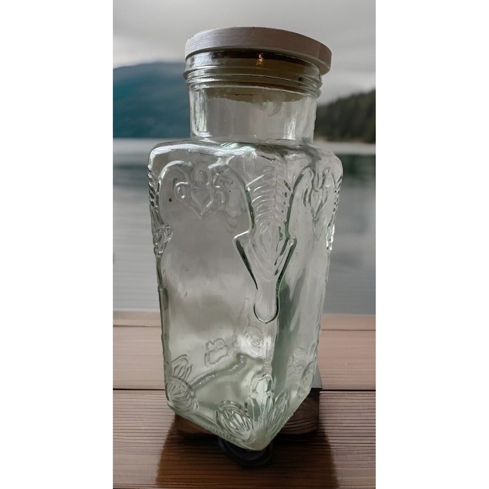 Vintage Mod Depositato 11" Tall Canister Embossed Glass‎ Painted Wood Lid